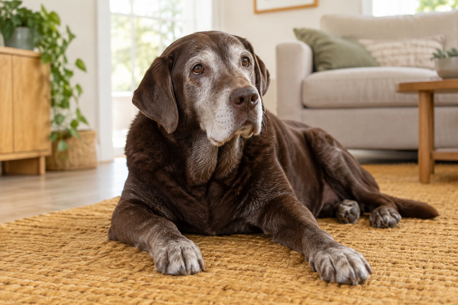 Labrador chocolat âgé couché sur tapis moutarde dans salon lumineux, museau grisonnant