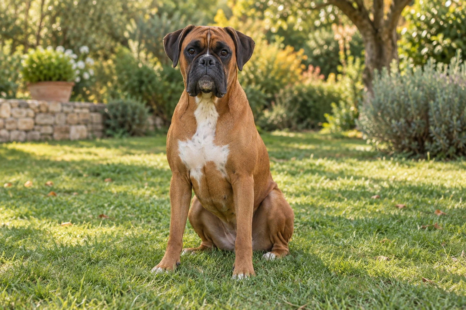 Boxer fauve assis sur pelouse, poitrine blanche, jardin ensoleillé derrière lui