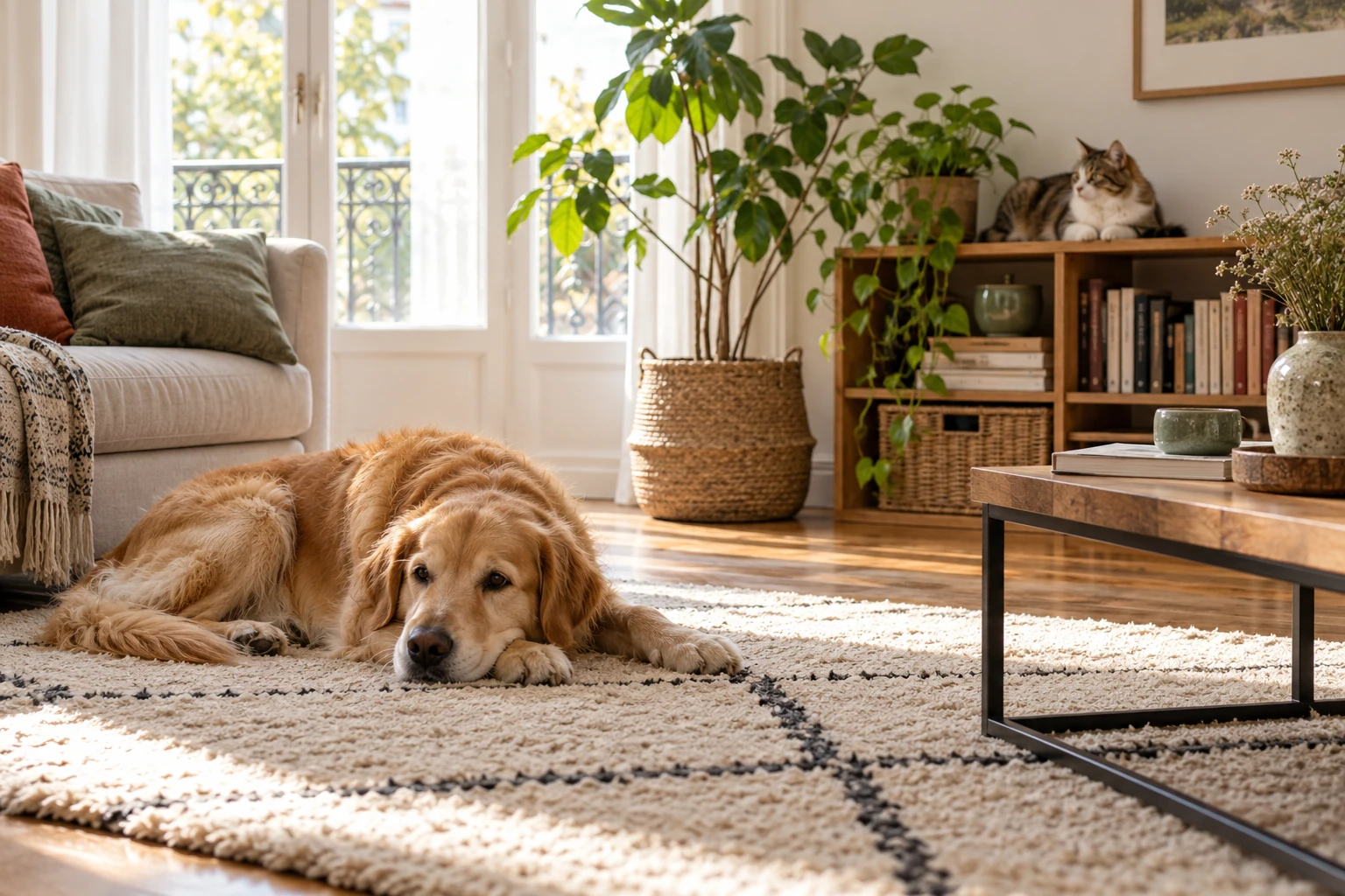 Chien golden retriever allongé sur un tapis, chat blanc et tigré posé sur une étagère, salon lumineux