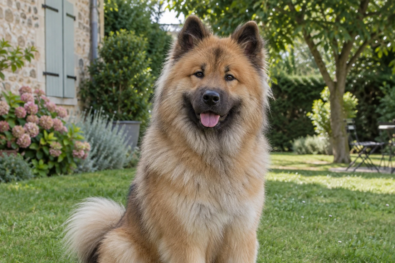 Chien eurasier assis sur pelouse devant maison, langue sortie, pelage épais et fauve