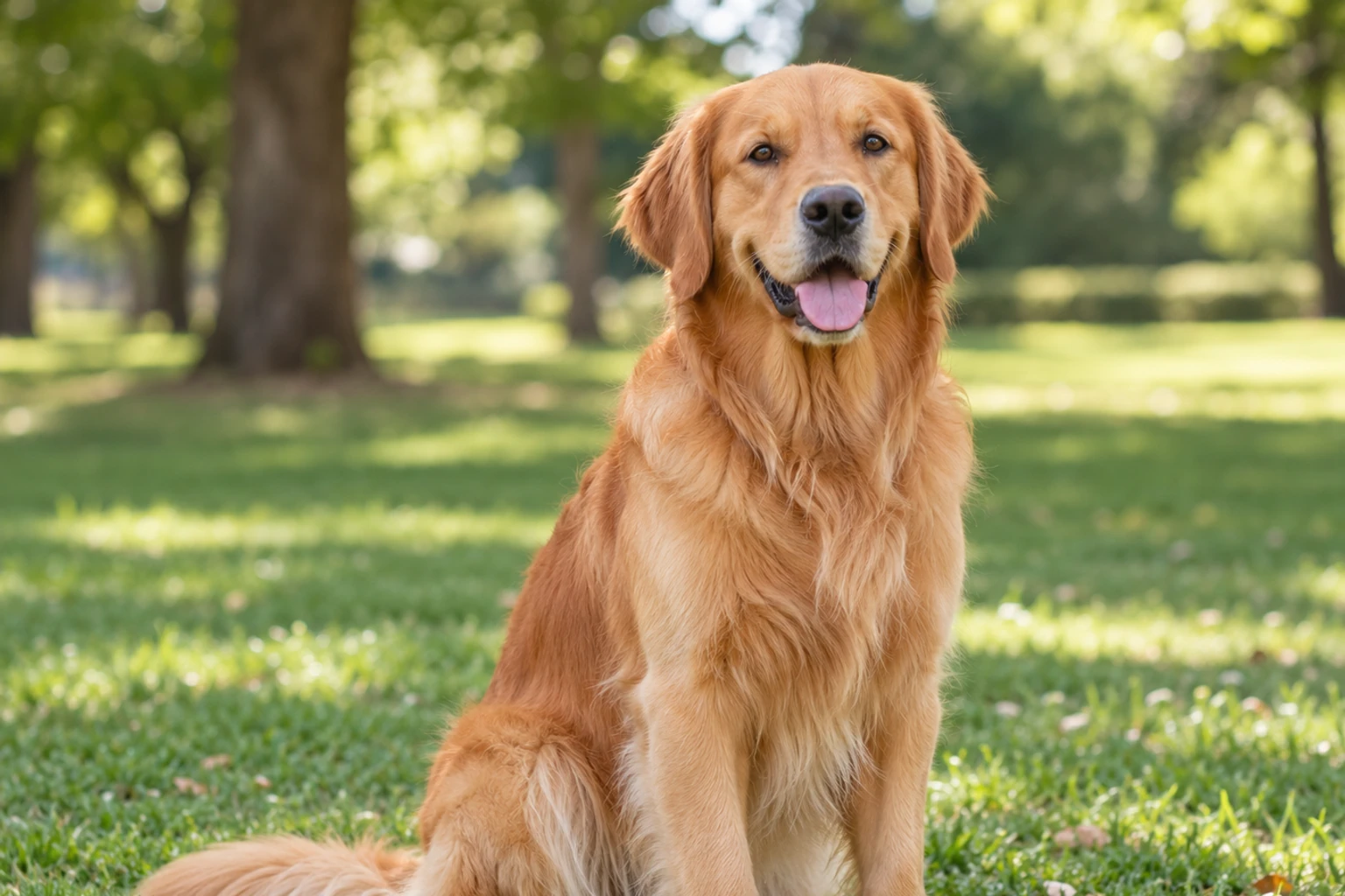 Golden retriever assis sur l'herbe dans un parc ensoleillé, langue sortie, regard vers l'objectif