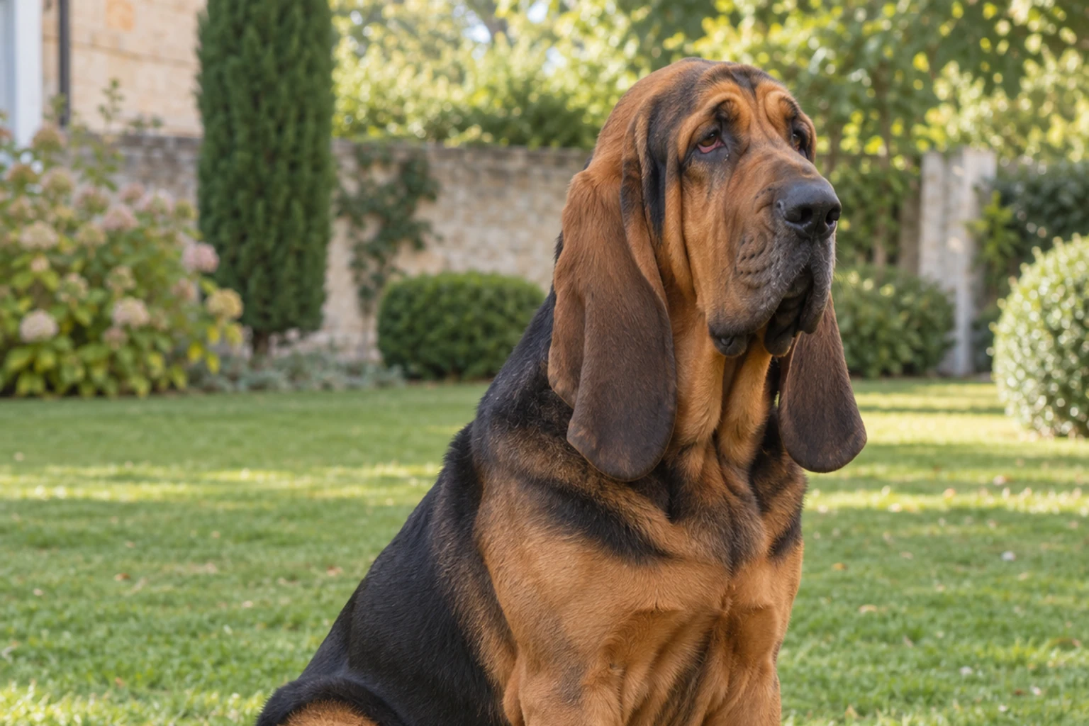 Chien Saint-Hubert assis sur pelouse, regard tourné vers la droite, lumière douce